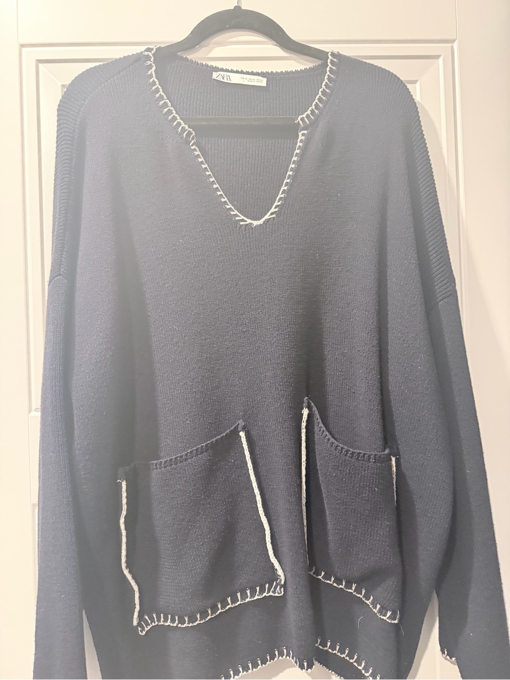 Zara Navy V-Neck Sweater with Contrast Stitching and Front Pockets